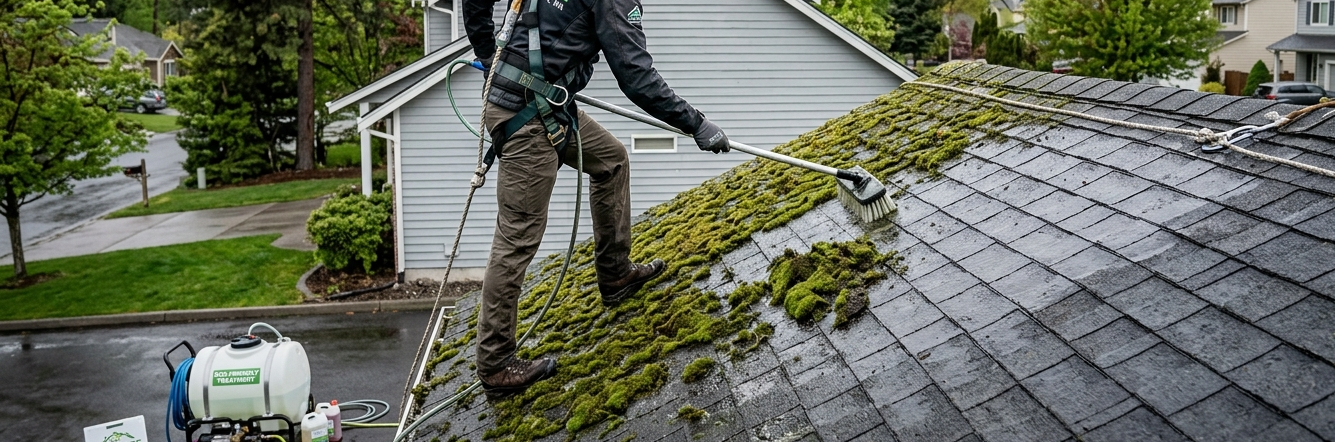 Scrubbing moss off roof shingles with an eco-friendly treatment